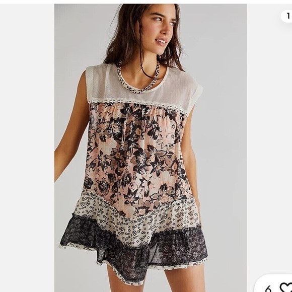 Free People Angelica Printed‎ Mesh Ruffle Cutout Tunic Dress M Boho Cottage NWT - Picture 1 of 16